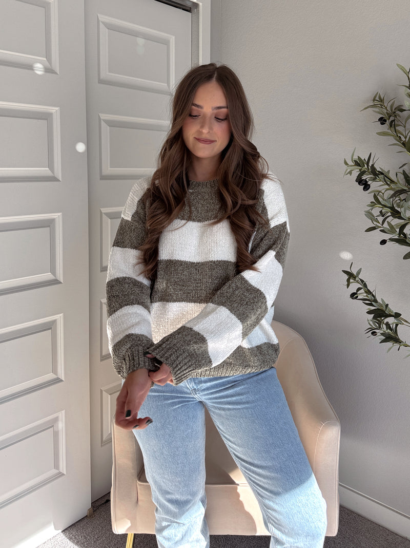 Jolie Chenille Striped Crewneck Sweater (Olive/White)