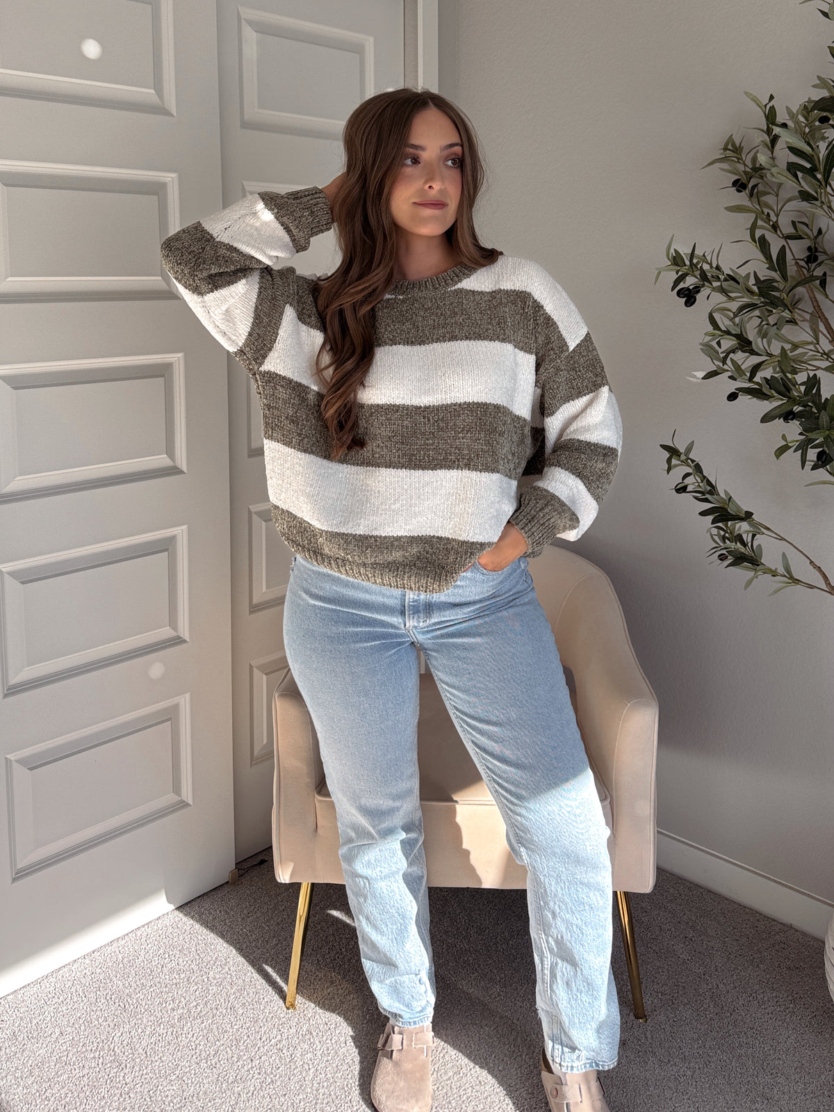 Jolie Chenille Striped Crewneck Sweater (Olive/White)