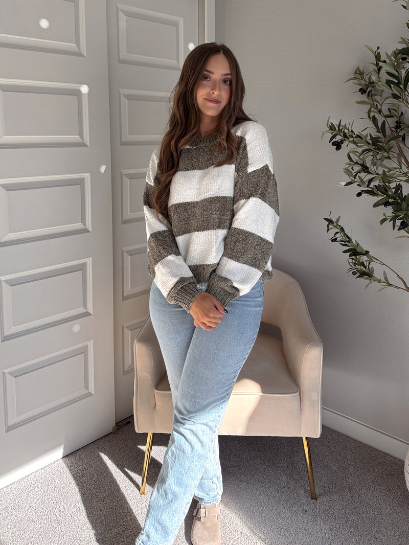 Jolie Chenille Striped Crewneck Sweater (Olive/White)