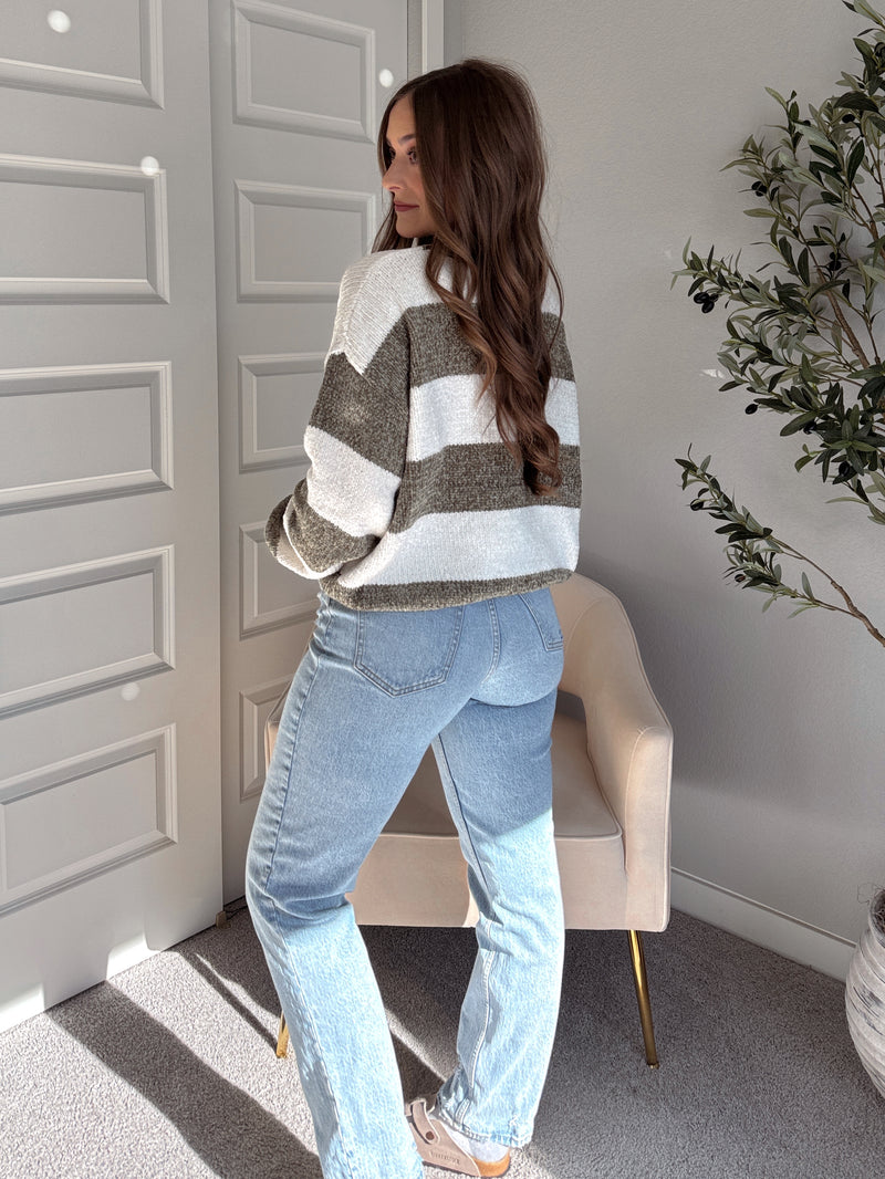 Jolie Chenille Striped Crewneck Sweater (Olive/White)