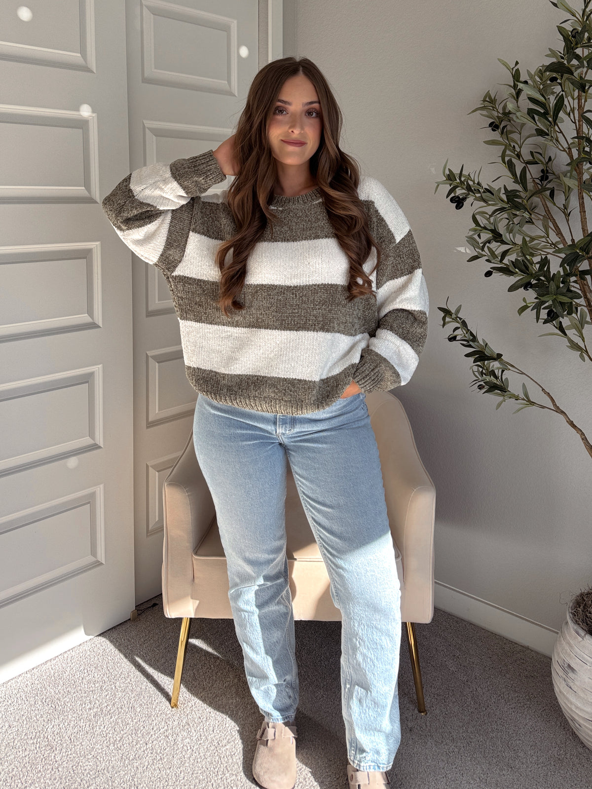 Jolie Chenille Striped Crewneck Sweater (Olive/White)