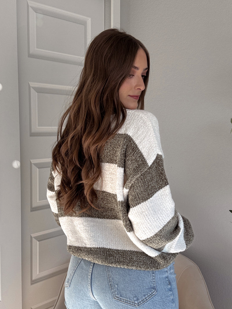 Jolie Chenille Striped Crewneck Sweater (Olive/White)
