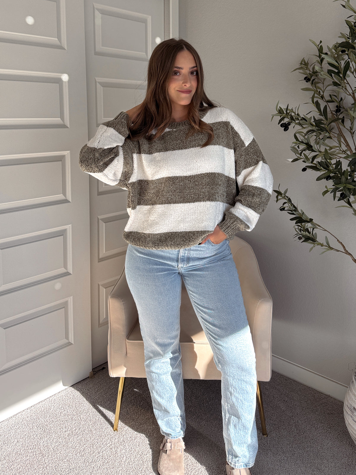 Jolie Chenille Striped Crewneck Sweater (Olive/White)