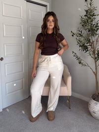 Jones Waffle Knit Elastic Waist Wide Leg Pants (Cream)