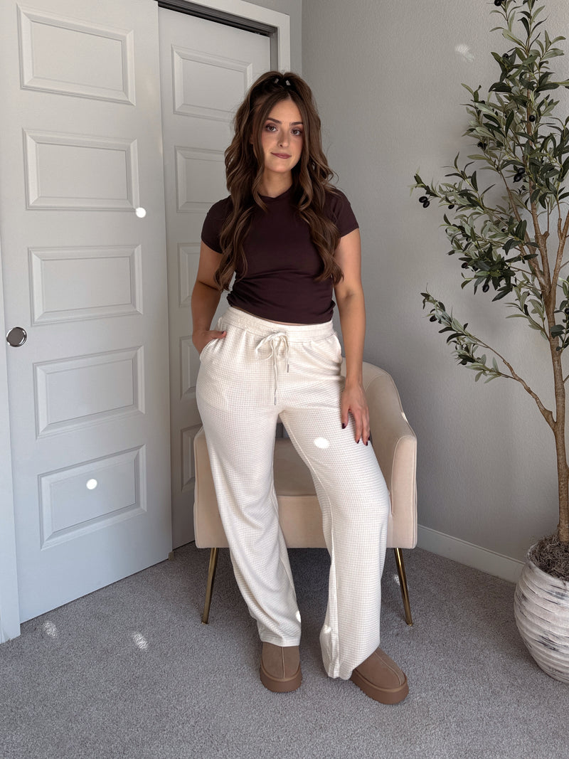 Jones Waffle Knit Elastic Waist Wide Leg Pants (Cream)