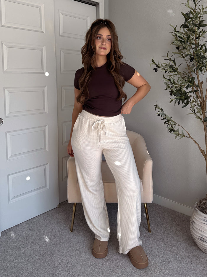 Jones Waffle Knit Elastic Waist Wide Leg Pants (Cream)