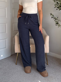Jones Waffle Knit Elastic Waist Wide Leg Pants (Navy)