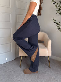 Jones Waffle Knit Elastic Waist Wide Leg Pants (Navy)