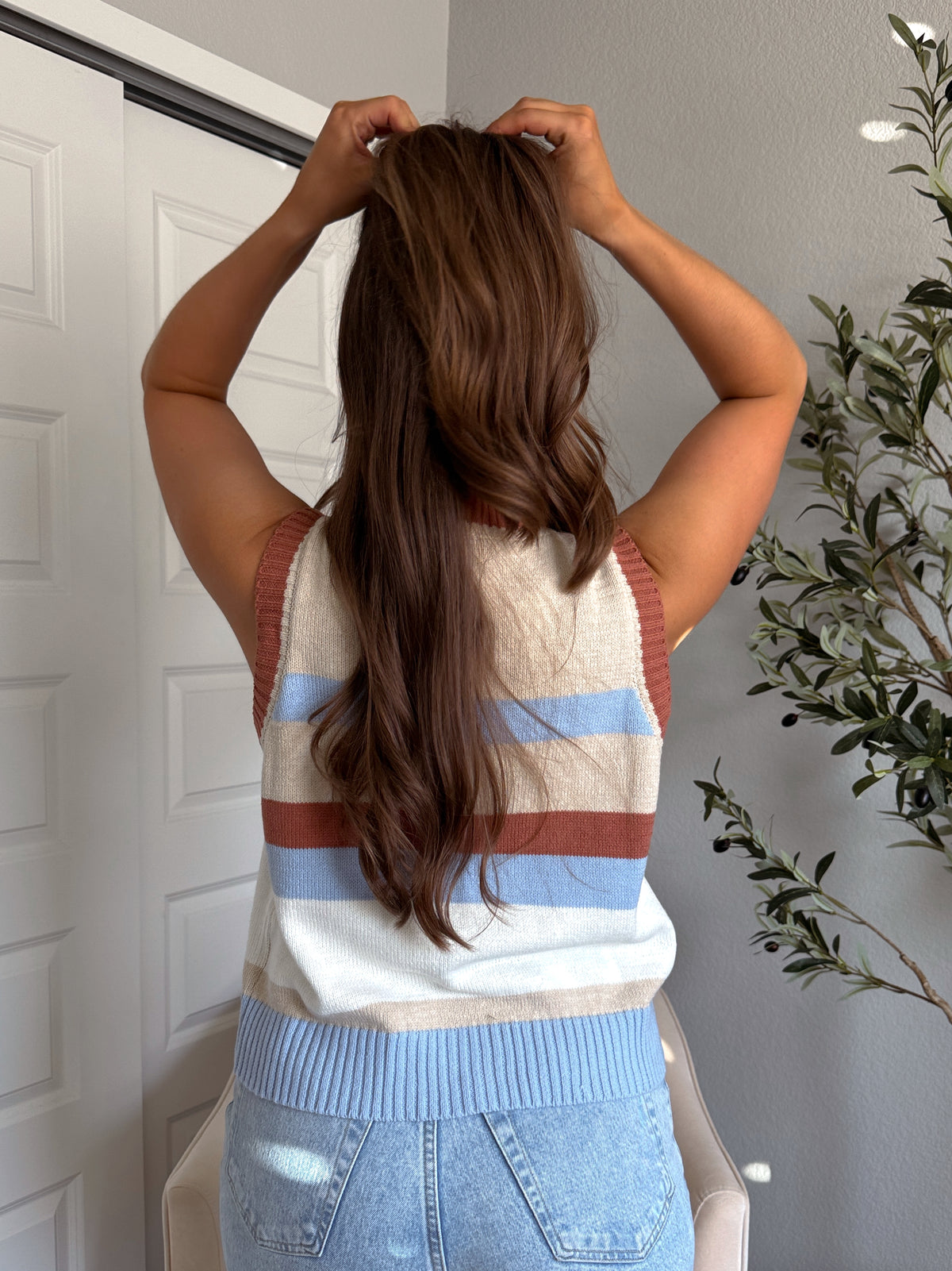 Keaton Multicolored Striped Button Up Sweater Vest (Stone/Sky)