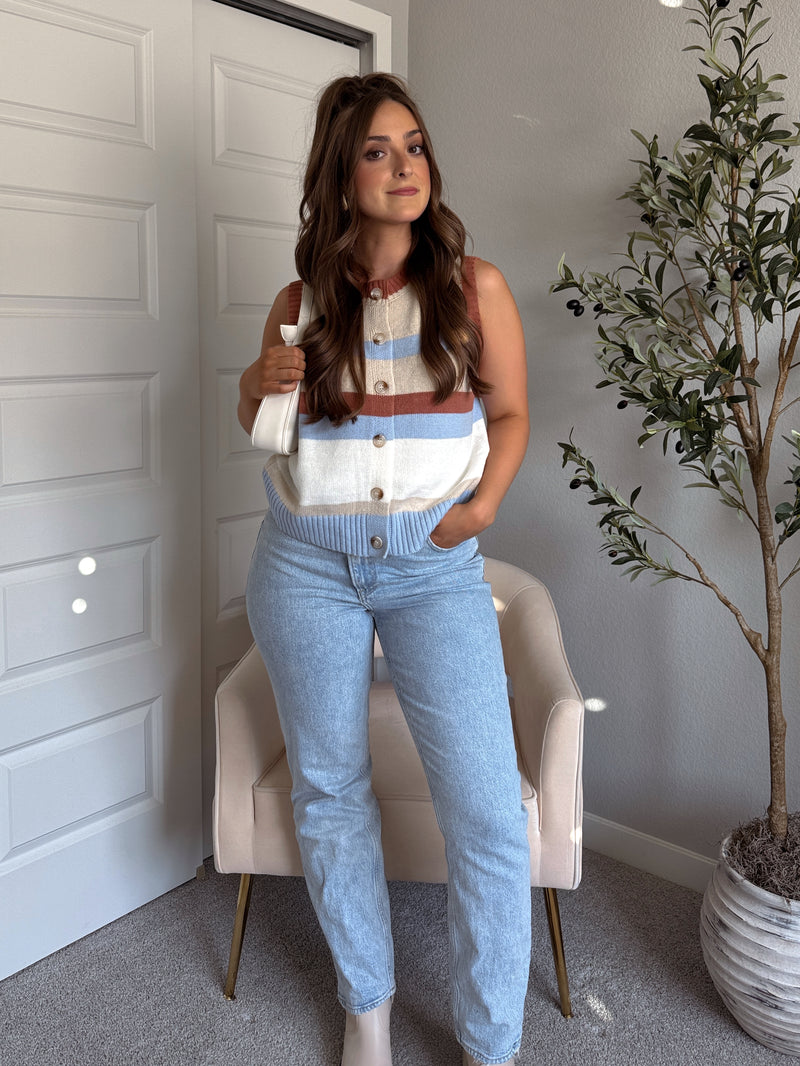 Keaton Multicolored Striped Button Up Sweater Vest (Stone/Sky)