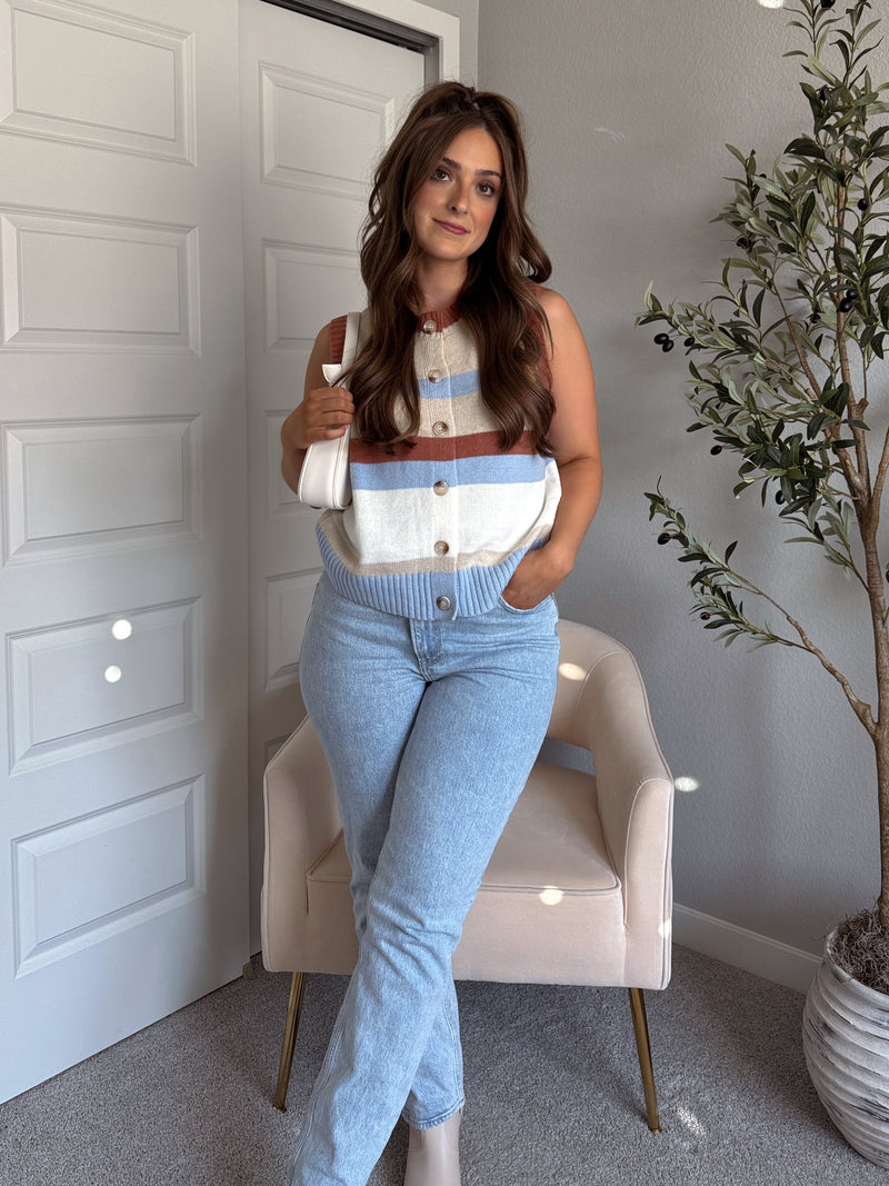 Keaton Multicolored Striped Button Up Sweater Vest (Stone/Sky)