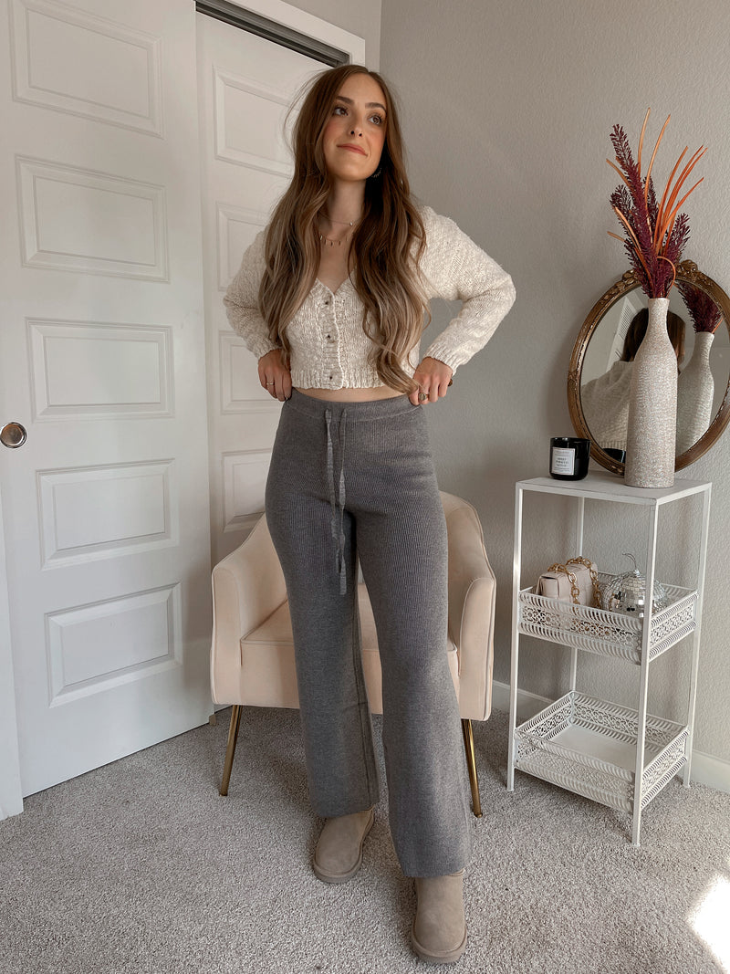 Laurel Cropped Ribbed Sweater Wide Leg Lounge Pants (Dark Gray)