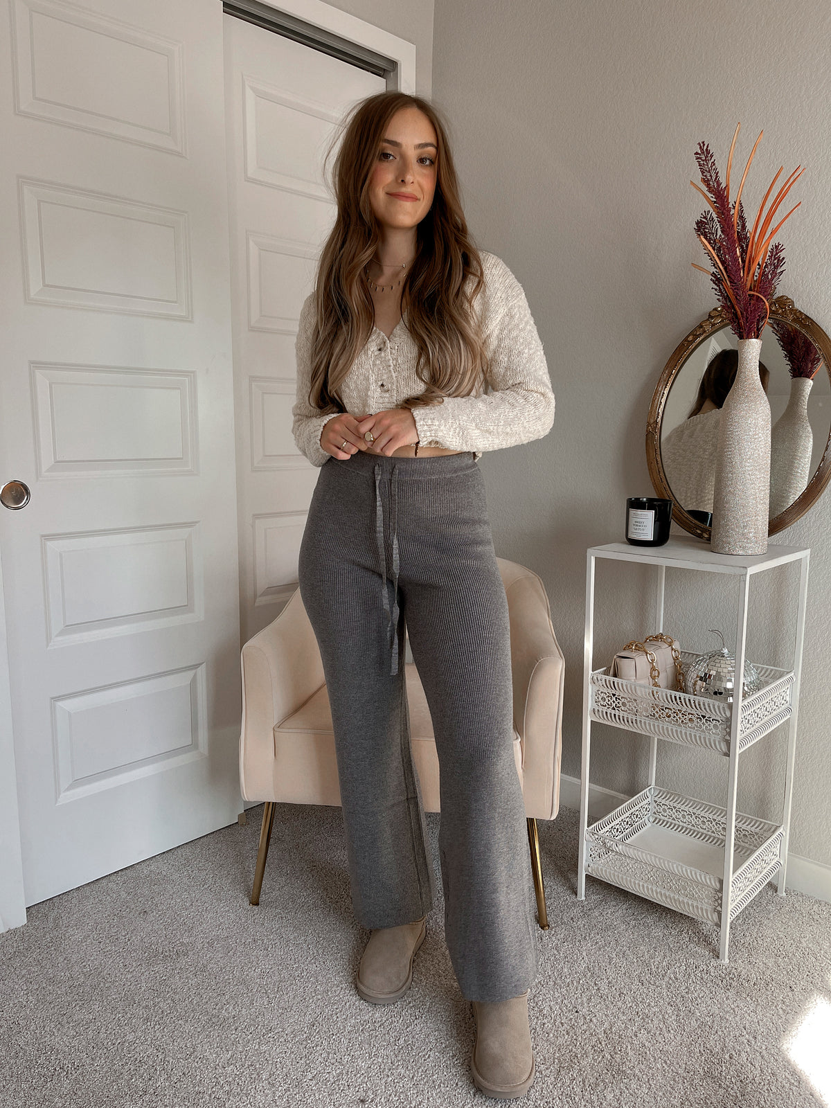 Laurel Cropped Ribbed Sweater Wide Leg Lounge Pants (Dark Gray)