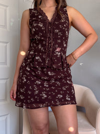 Lea Floral A-Line Elastic Waist Mini Skirt (Brown)