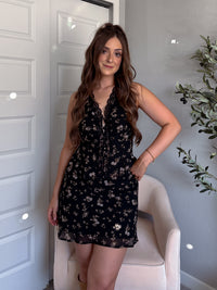 Lea Floral Button Down Lace Trim Peplum Top (Black)
