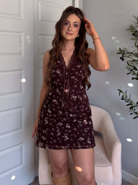Lea Floral Button Down Lace Trim Peplum Top (Brown)