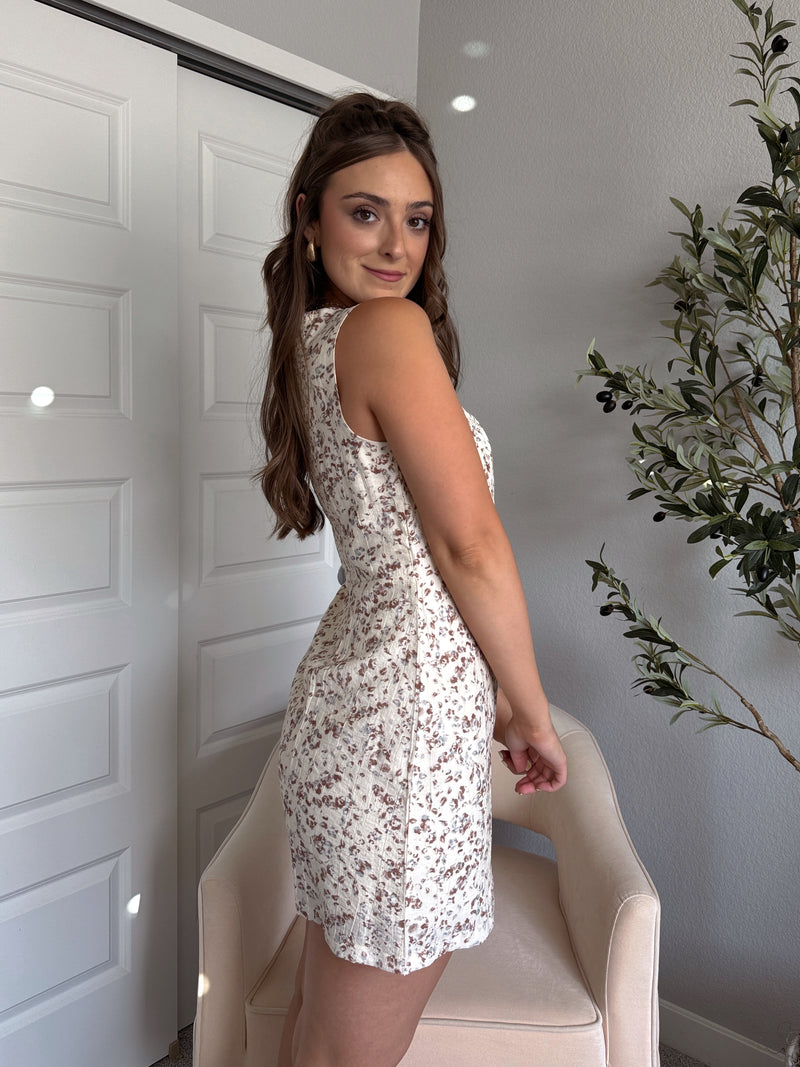 Lennon Floral Square Neck Mini Dress (Cream)