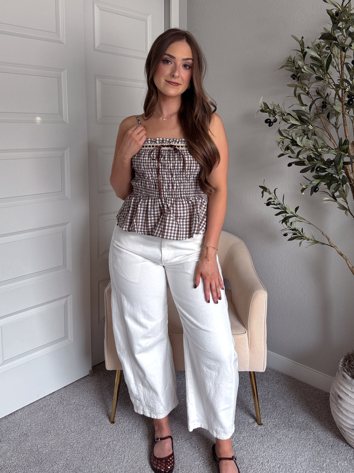 Lexington Smocked Gingham Lace Trim Peplum Top (Brown)