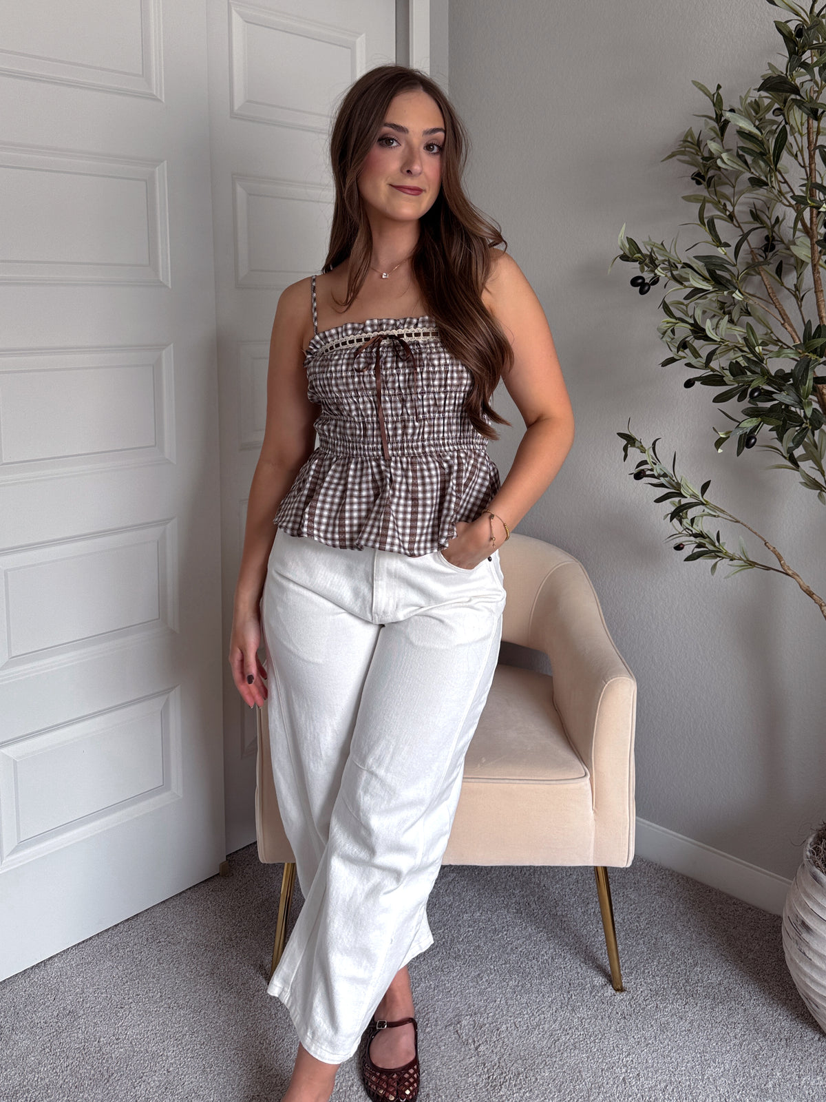 Lexington Smocked Gingham Lace Trim Peplum Top (Brown)