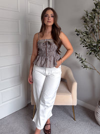 Lexington Smocked Gingham Lace Trim Peplum Top (Brown)