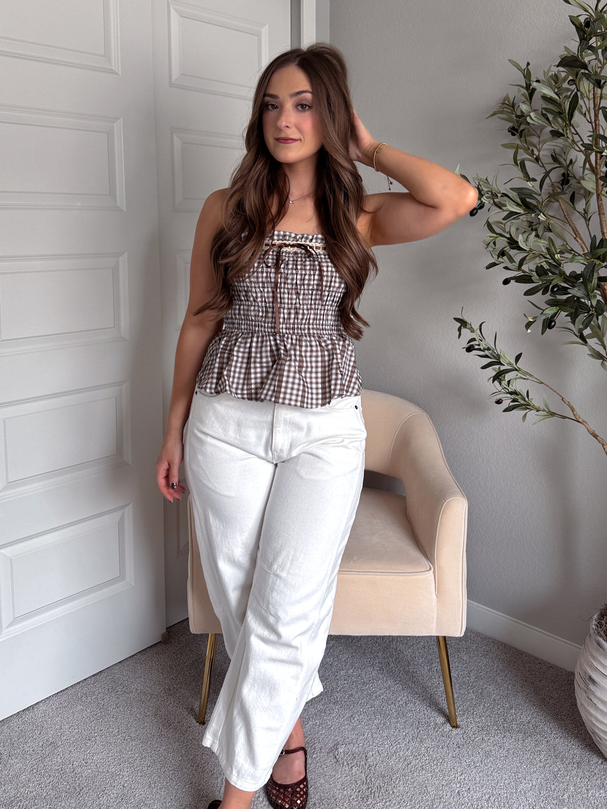 Lexington Smocked Gingham Lace Trim Peplum Top (Brown)