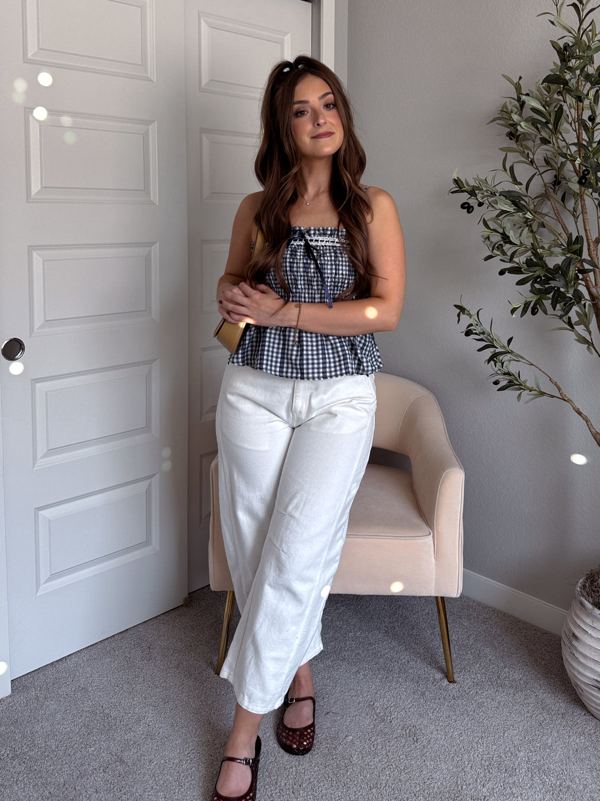 Lexington Smocked Gingham Lace Trim Peplum Top (Navy)