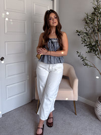 Lexington Smocked Gingham Lace Trim Peplum Top (Navy)