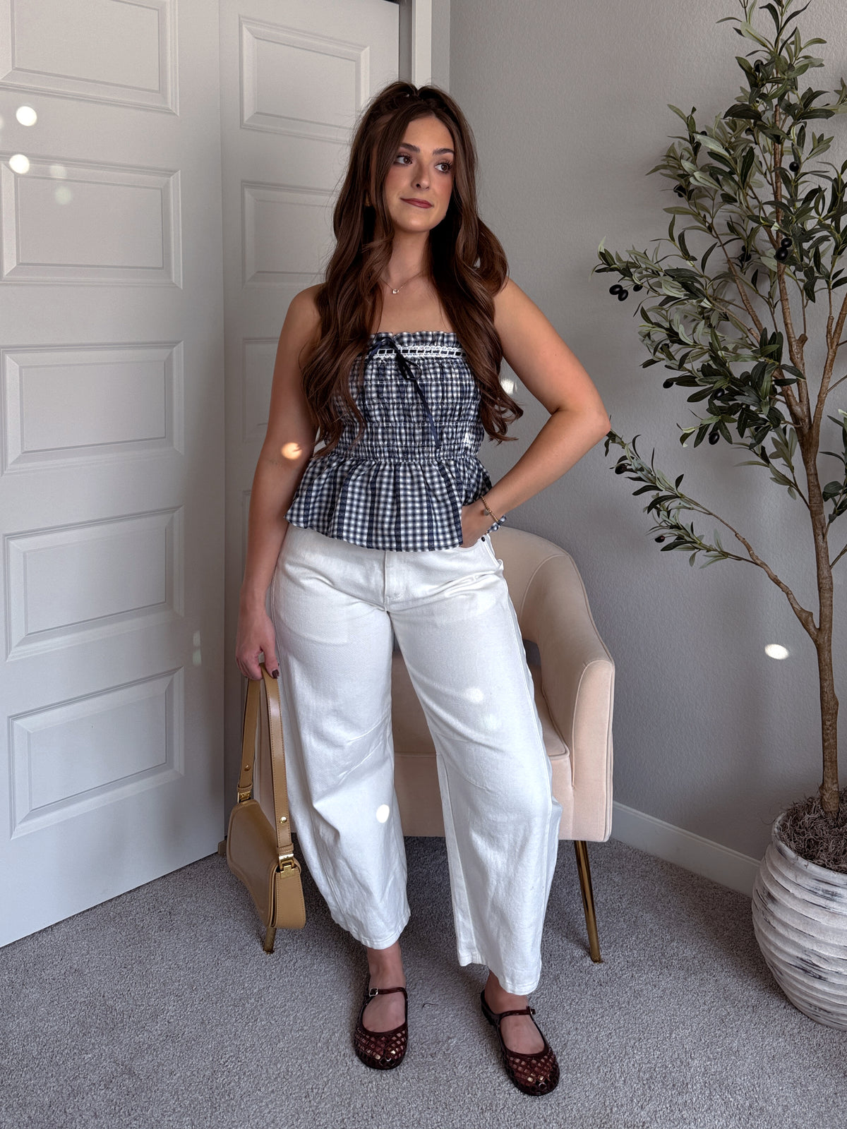 Lexington Smocked Gingham Lace Trim Peplum Top (Navy)