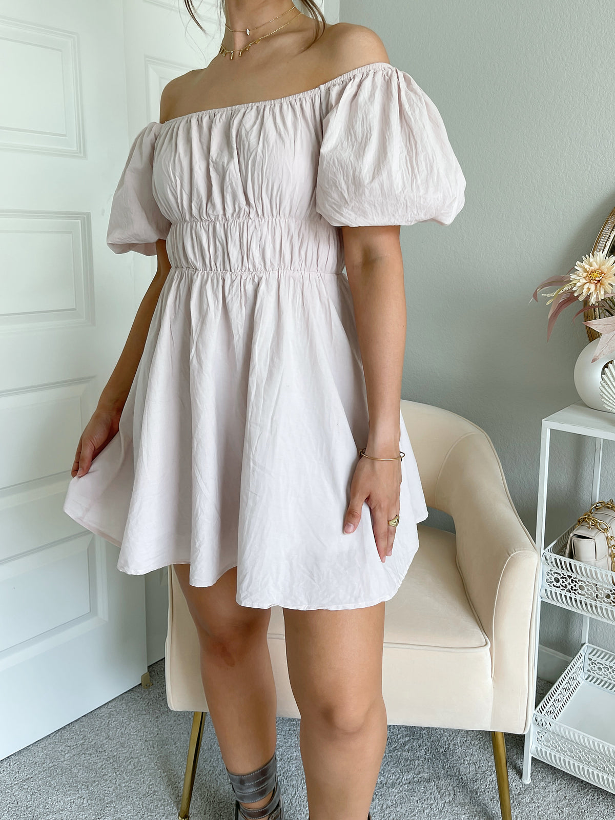 Lily Puff Sleeve Strapless Mini Dress (Blush) | La Belle Boutique: Neutral Women's Online Clothing Boutique