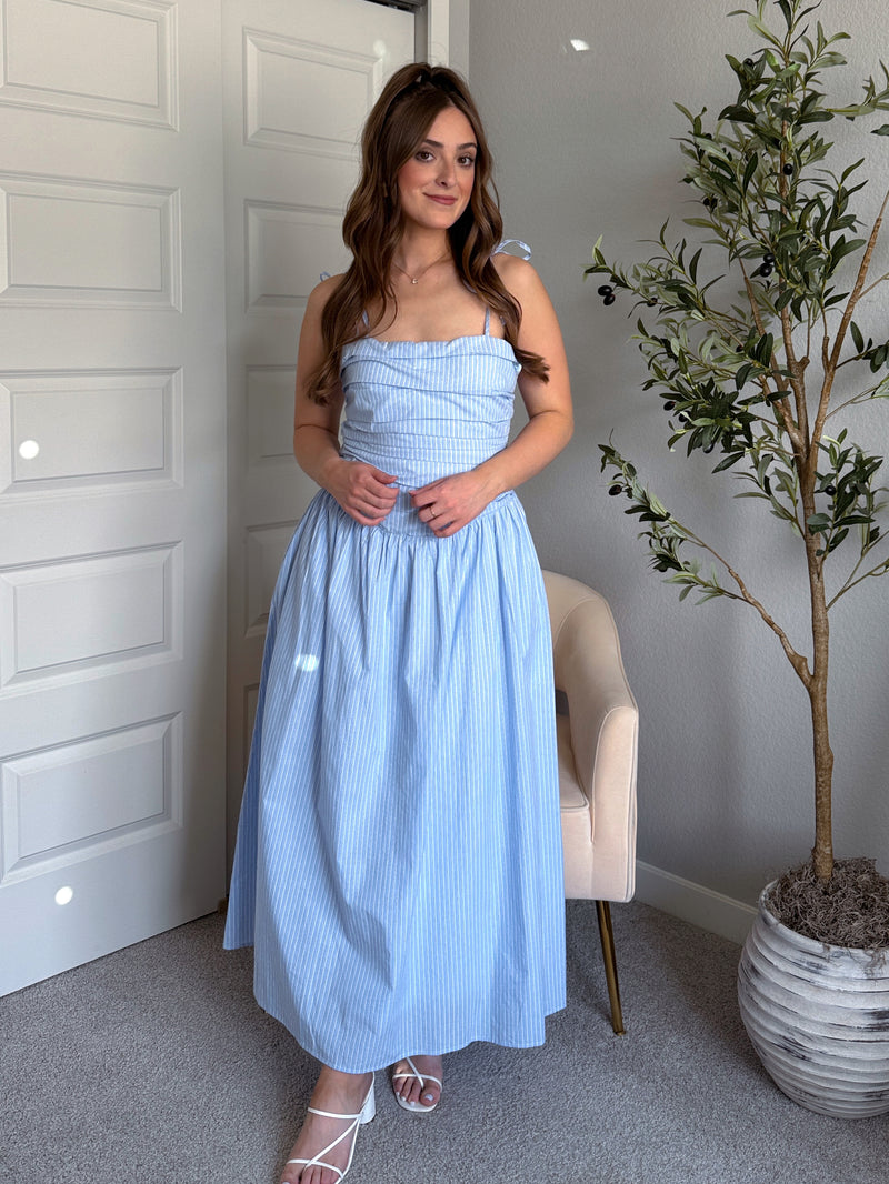 Lily Striped Cotton DropWaist Midi Dress (Light Blue) La Belle Boutique Lily Striped Cotton DropWaist Midi Dress (Light Blue) La Belle Boutique