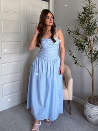 light blue cotton dress Lily Striped Cotton Drop‑Waist Midi Dress (Light Blue)