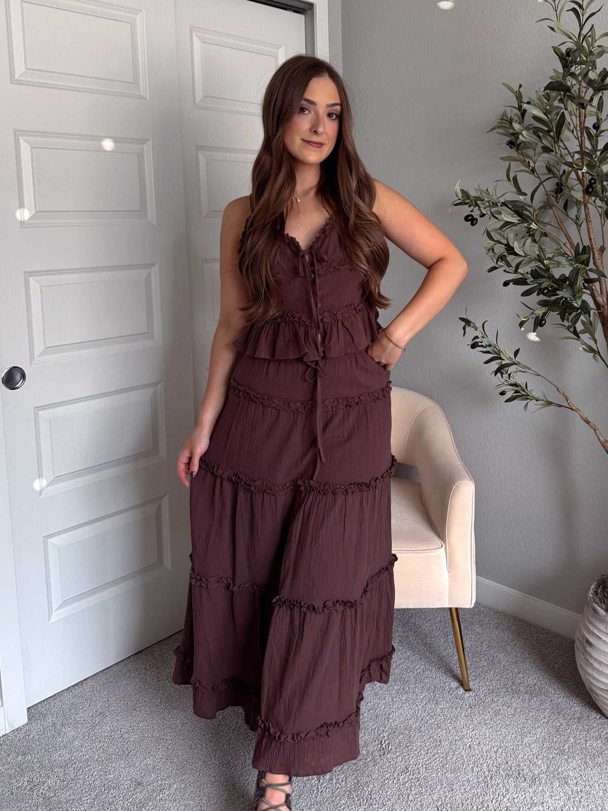 Liora Cotton Tiered Ruffle Maxi Skirt (Brown)