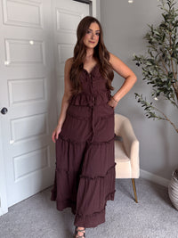 Liora Cotton Tiered Ruffle Maxi Skirt (Brown)