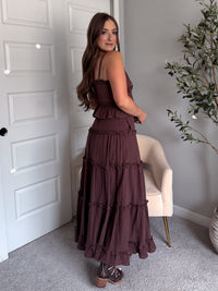 Liora Cotton Tiered Ruffle Maxi Skirt (Brown)