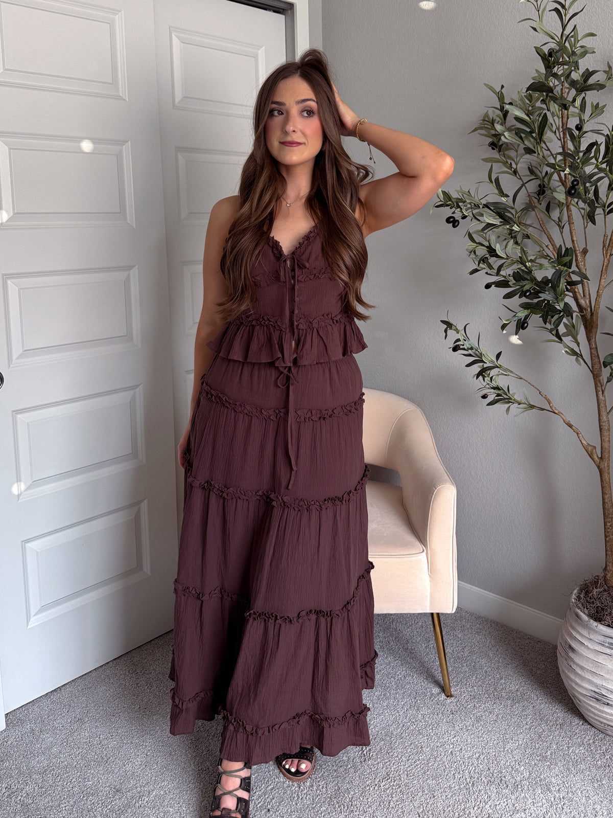 Liora Cotton Ruffle Peplum Tie Front Top (Brown)