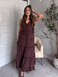 Liora Cotton Tiered Ruffle Maxi Skirt (Brown)