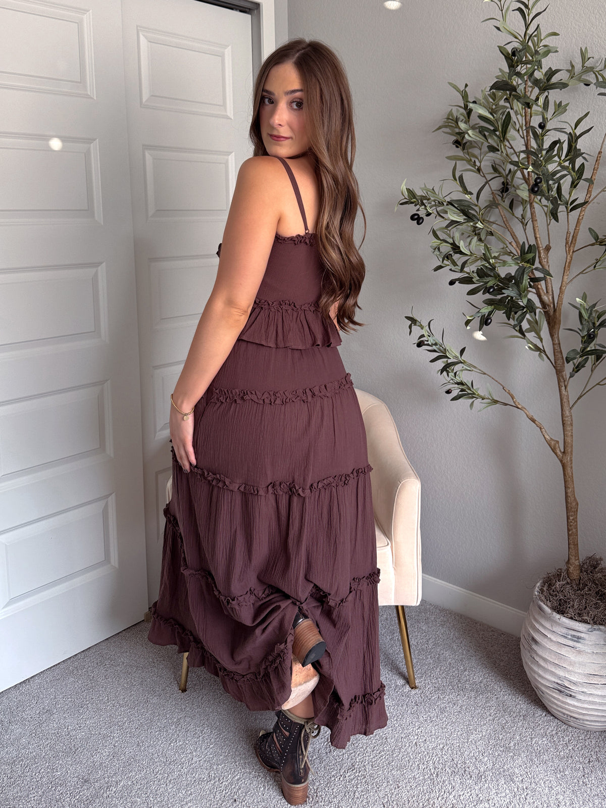 Liora Cotton Ruffle Peplum Tie Front Top (Brown)