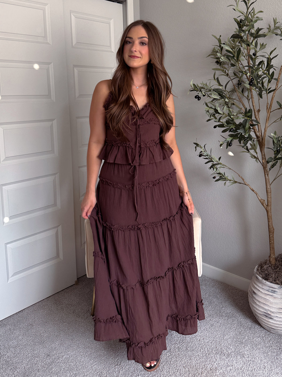 Liora Cotton Tiered Ruffle Maxi Skirt (Brown)