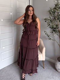 Liora Cotton Ruffle Peplum Tie Front Top (Brown)
