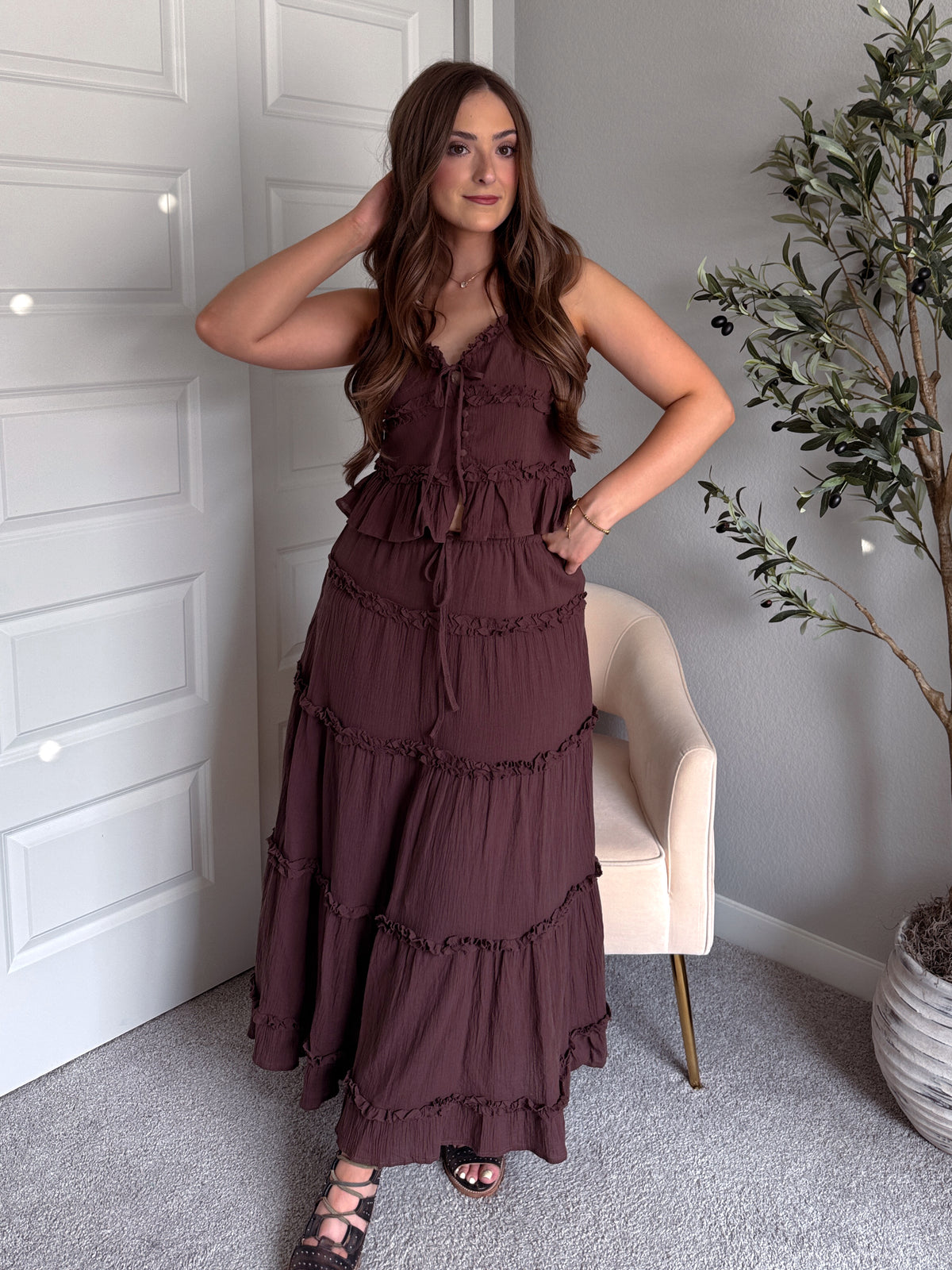 Liora Cotton Tiered Ruffle Maxi Skirt (Brown)