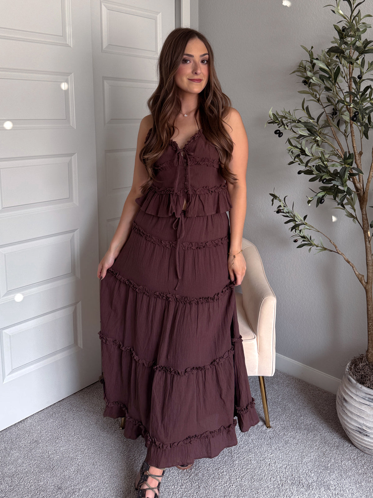 Liora Cotton Ruffle Peplum Tie Front Top (Brown)