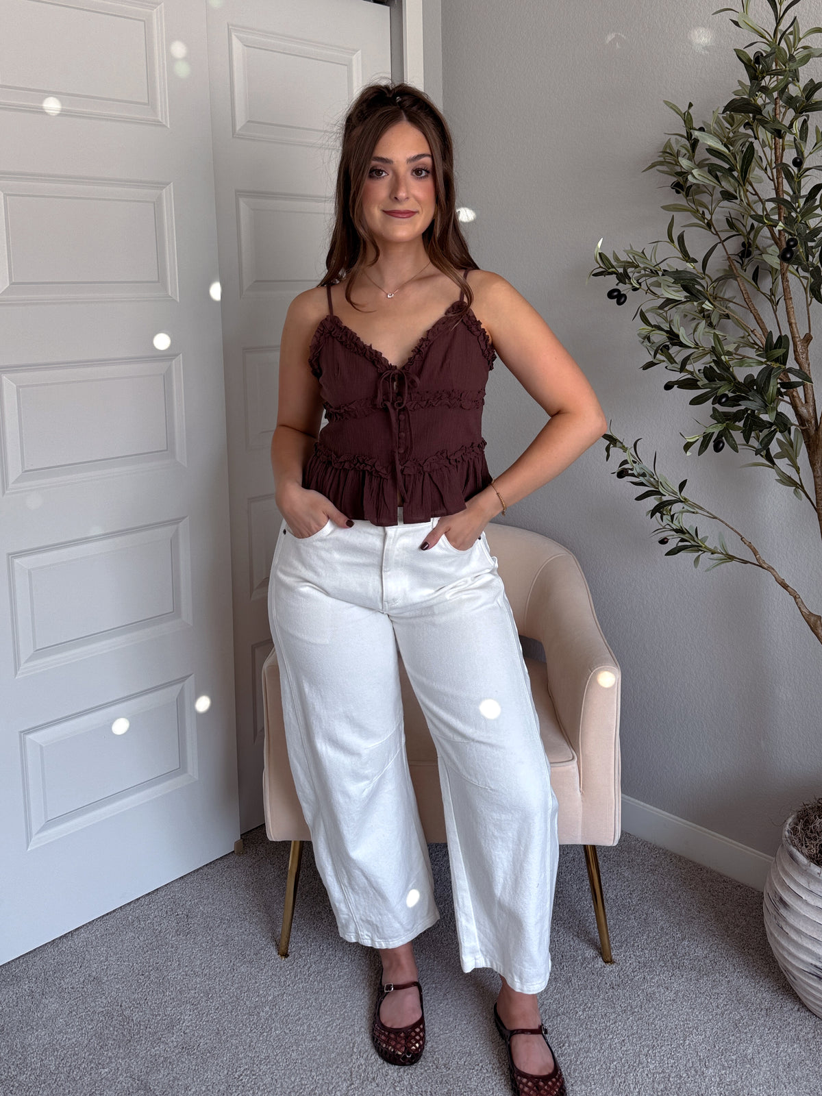 Liora Cotton Ruffle Peplum Tie Front Top (Brown)