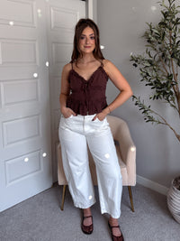 Liora Cotton Ruffle Peplum Tie Front Top (Brown)