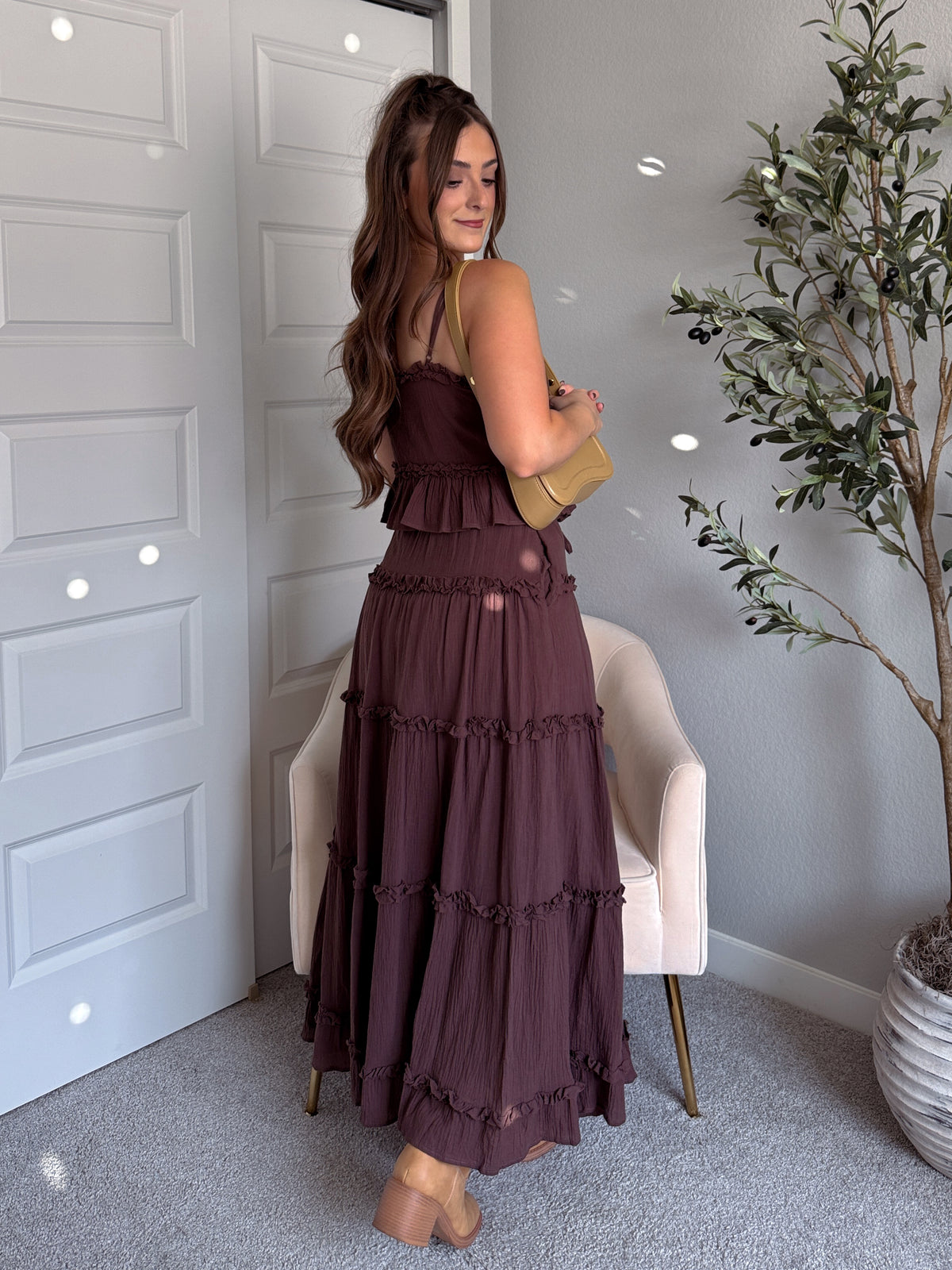 Liora Cotton Ruffle Peplum Tie Front Top (Brown)