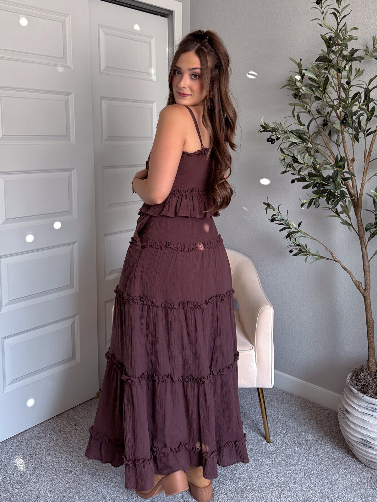 Liora Cotton Ruffle Peplum Tie Front Top (Brown)