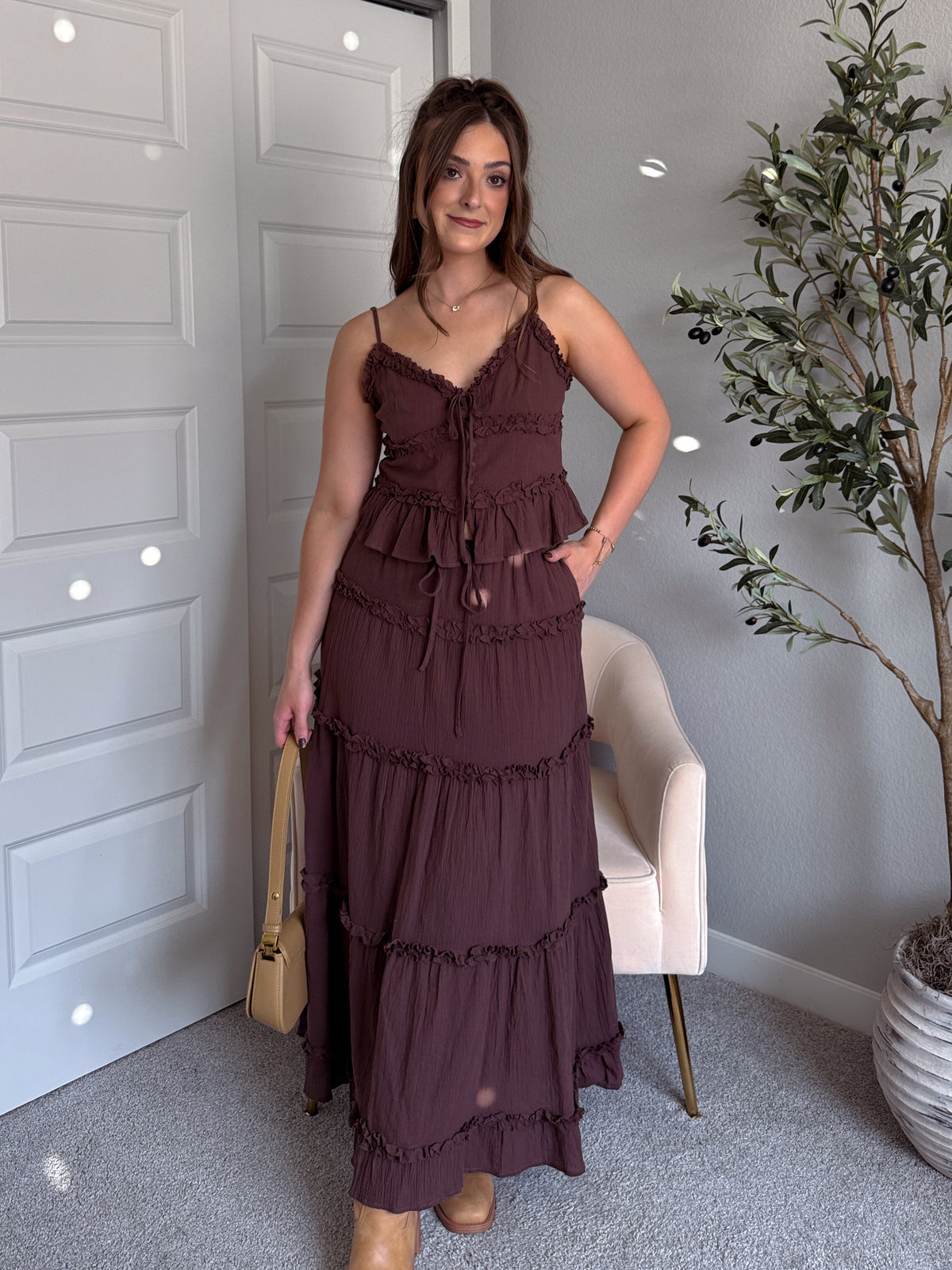 Liora Cotton Ruffle Peplum Tie Front Top (Brown)