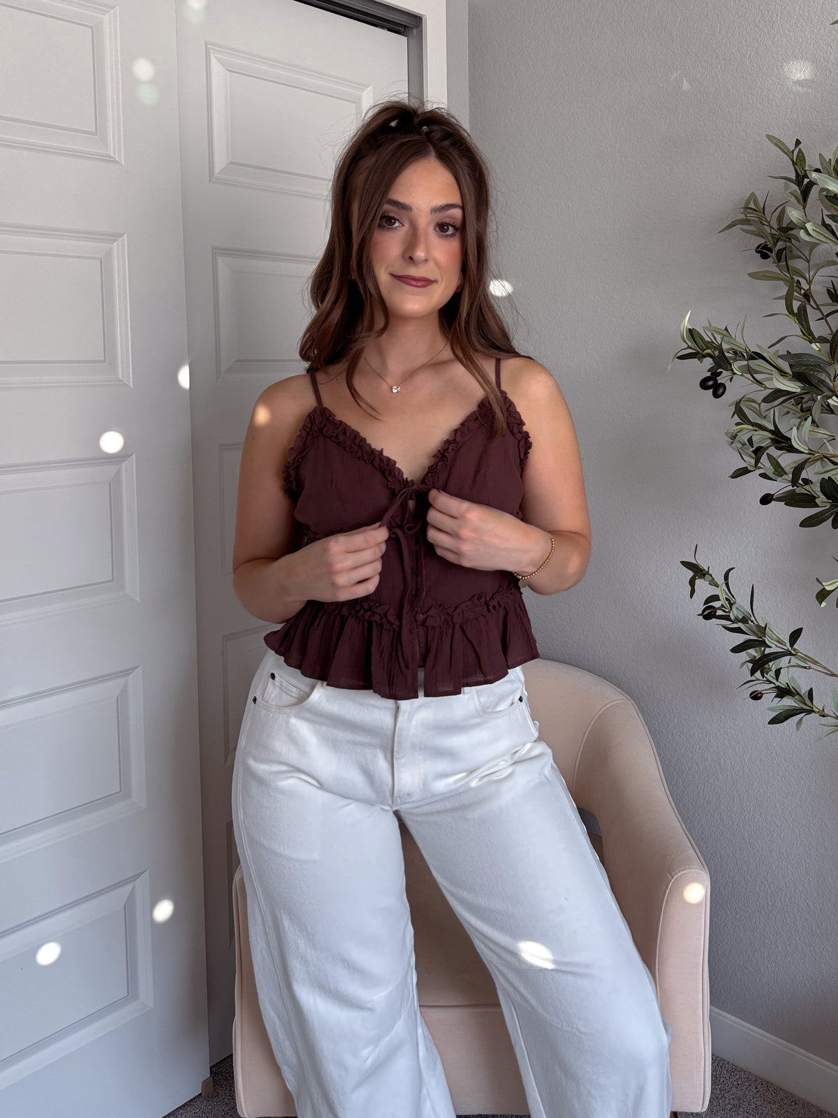 Liora Cotton Ruffle Peplum Tie Front Top (Brown)