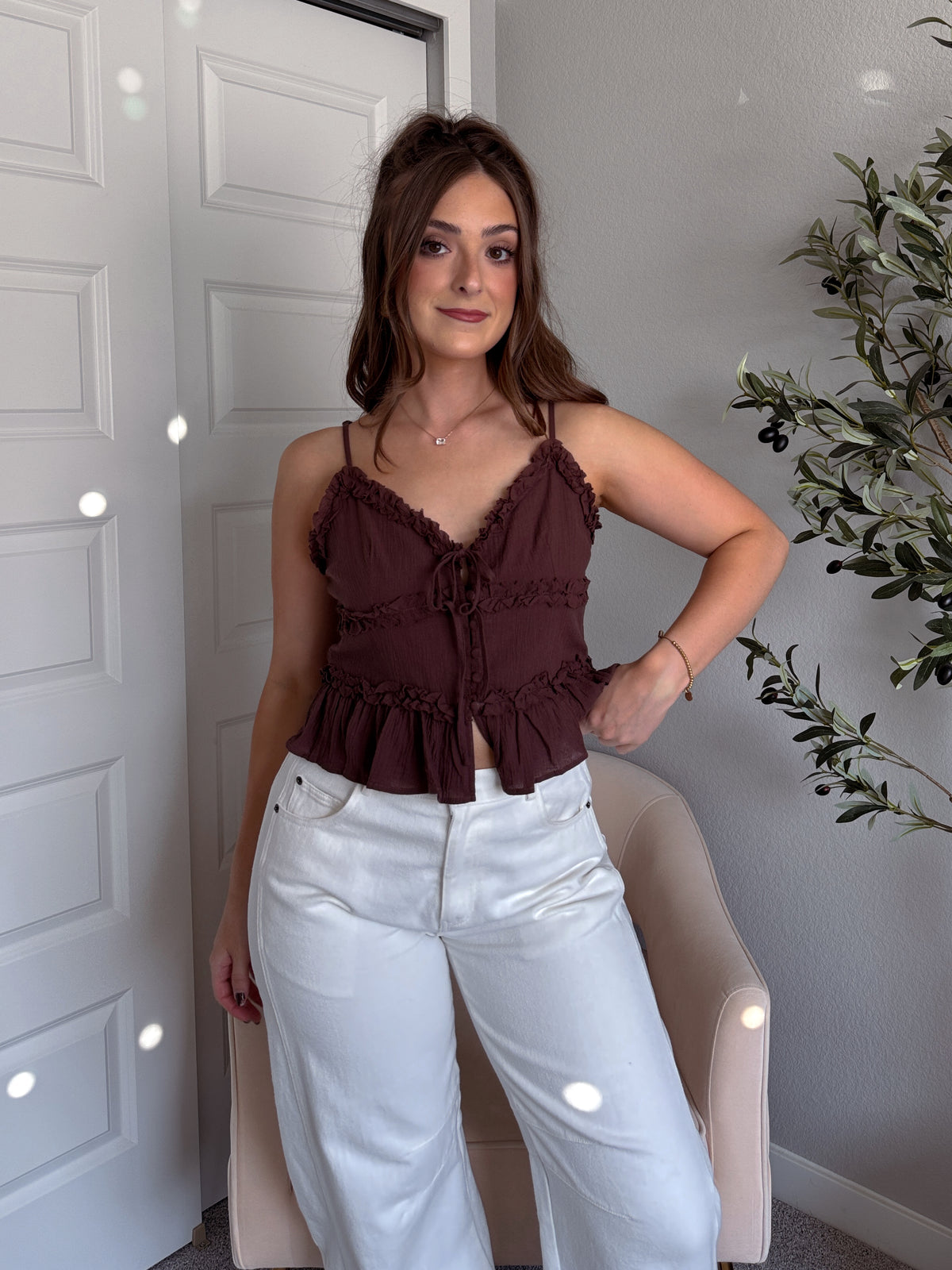 Liora Cotton Ruffle Peplum Tie Front Top (Brown)