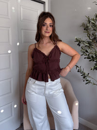 Liora Cotton Ruffle Peplum Tie Front Top (Brown)