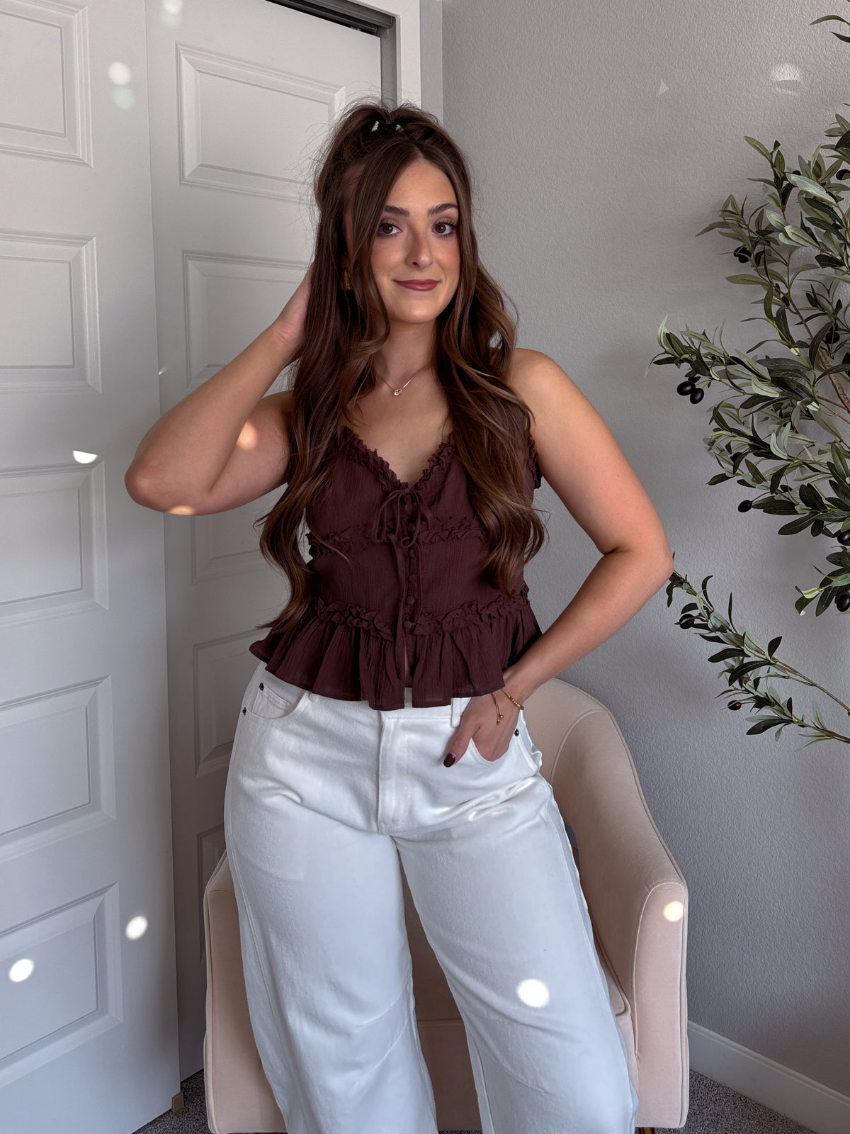 Liora Cotton Ruffle Peplum Tie Front Top (Brown)
